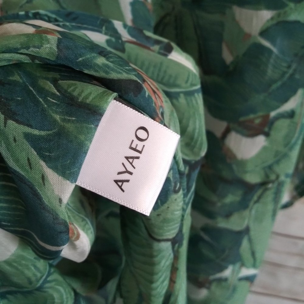 Ayaeo Botanical Palm Green Silk 100% Kaftan Dress Cover Up Size Small / Medium - Picture 10 of 11